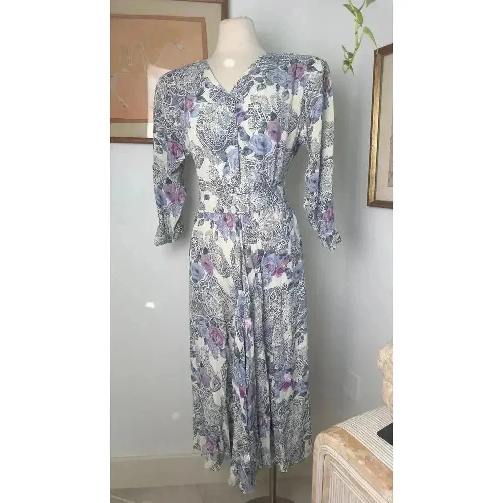 VTG 80s Floral Button Up Midi Dress Purple Rose Pattern Cottagecore style